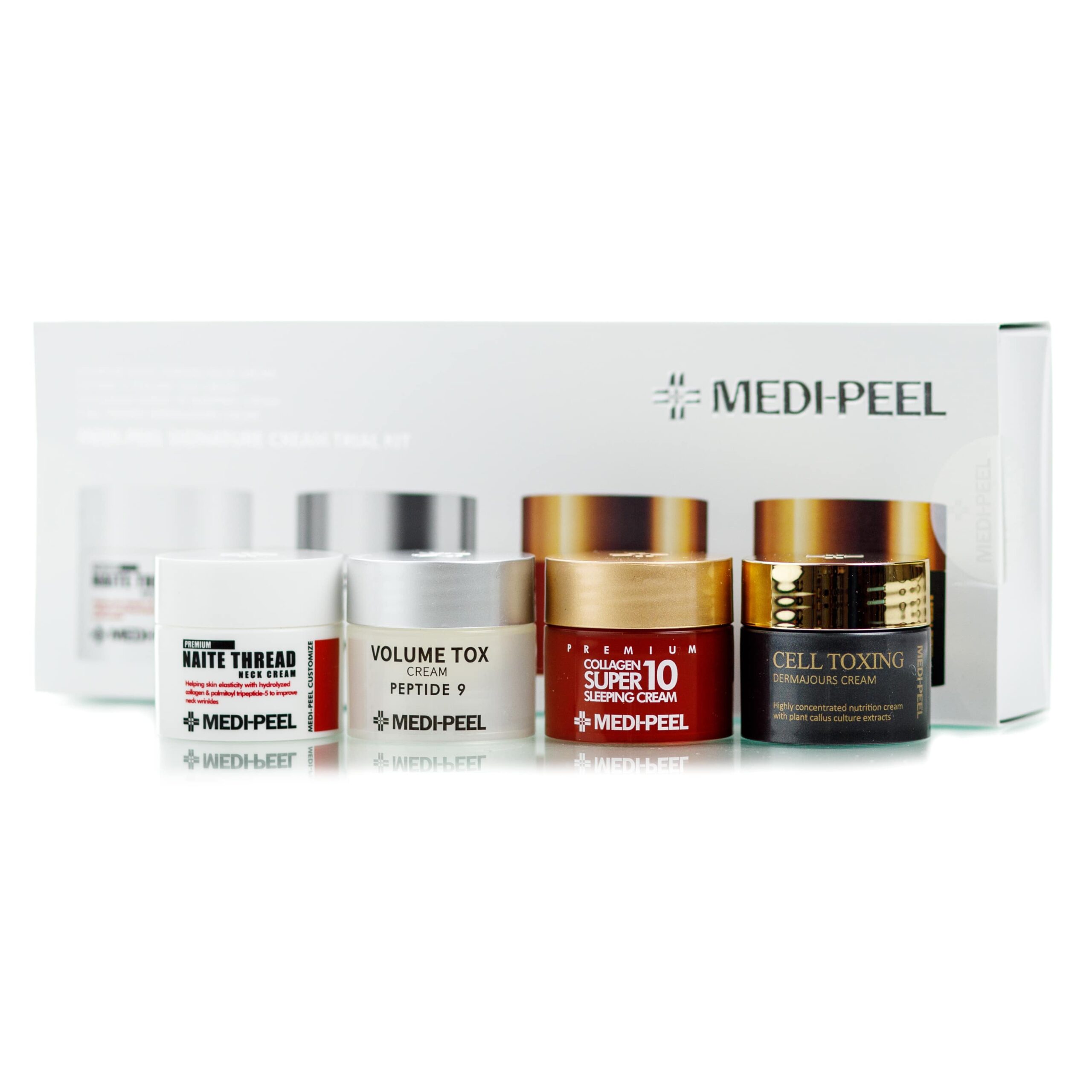 Medi peel отзывы. Medi-Peel Signature Cream Trial Kit (10g*4). Набор миниатюр омолаживающих кремов Medi-Peel Signature Cream Trial Kit. Medi Peel набор миниатюр. Набор миниатюр кремов для лица и шеи Signature Cream Trial Kit 4*10 мл..