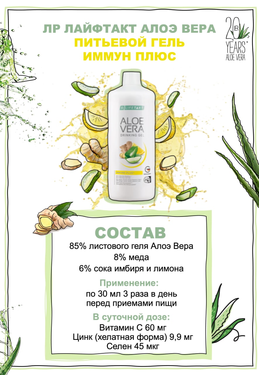 Питьевой Гель Алоэ Вера Имбирь для иммунитета Набор - 1 фото галереи 3 шт. LR Aloe Vera Immune Plus (3*1000 мл) - 1 фото галереи